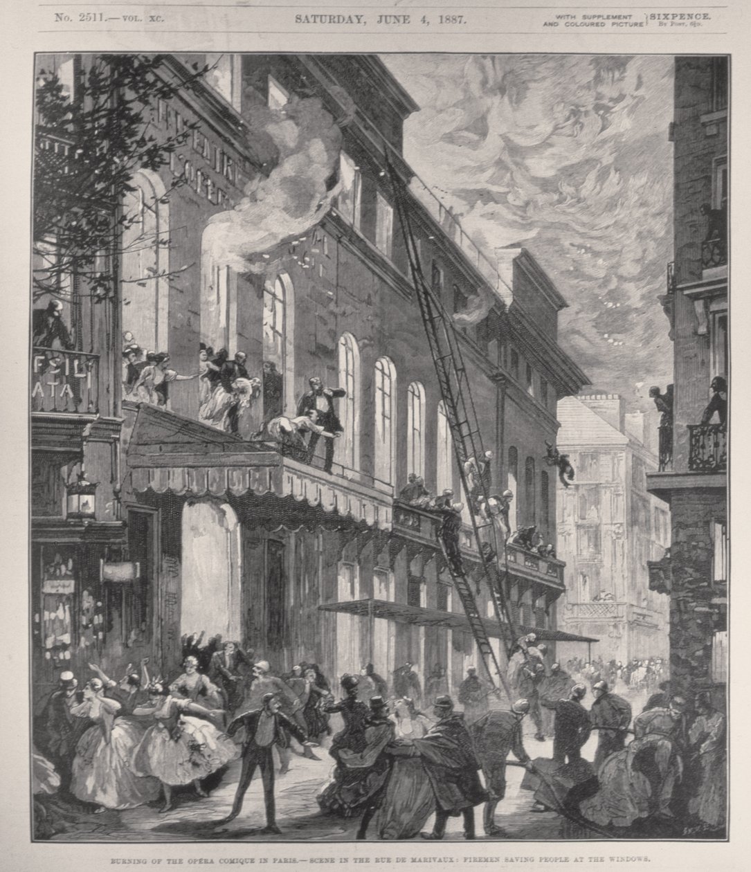 पेरिस में ओपेरा कॉमिक का जलना, Rue de Marivaux में दृश्य: &39;द इलस्ट्रेटेड लंदन न्यूज&39; से विंडोज पर फायरमैन सेविंग पीपल, 4 जून 1887 द्वारा अंग्रेजी स्कूल