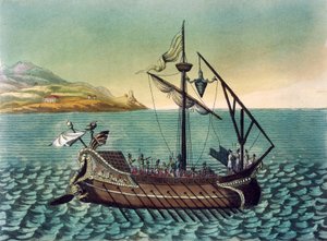 जैक्स ग्रासेट डी सेंट-सौवेर (1757-1810) द्वारा रोमन गैली युद्धपोत पर डुइलियस कोरवस (बोर्डिंग डिवाइस), प्राचीन रोम से उत्कीर्ण