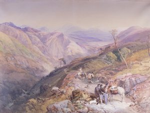 डेविल्स एल्बो, एबर्डीनशायर से ग्लेनशी, स्पिटल, 1853 की ओर देख रहे हैं (कागज पर वाटर कलर)