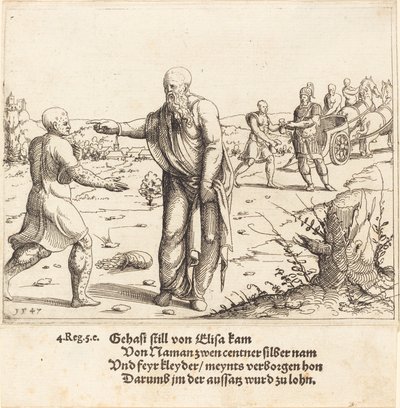 एलीशा ने गेहजी को नामान के कोढ़ से दंडित किया, 1547। द्वारा ऑगस्टिन हिर्शचोगेल
